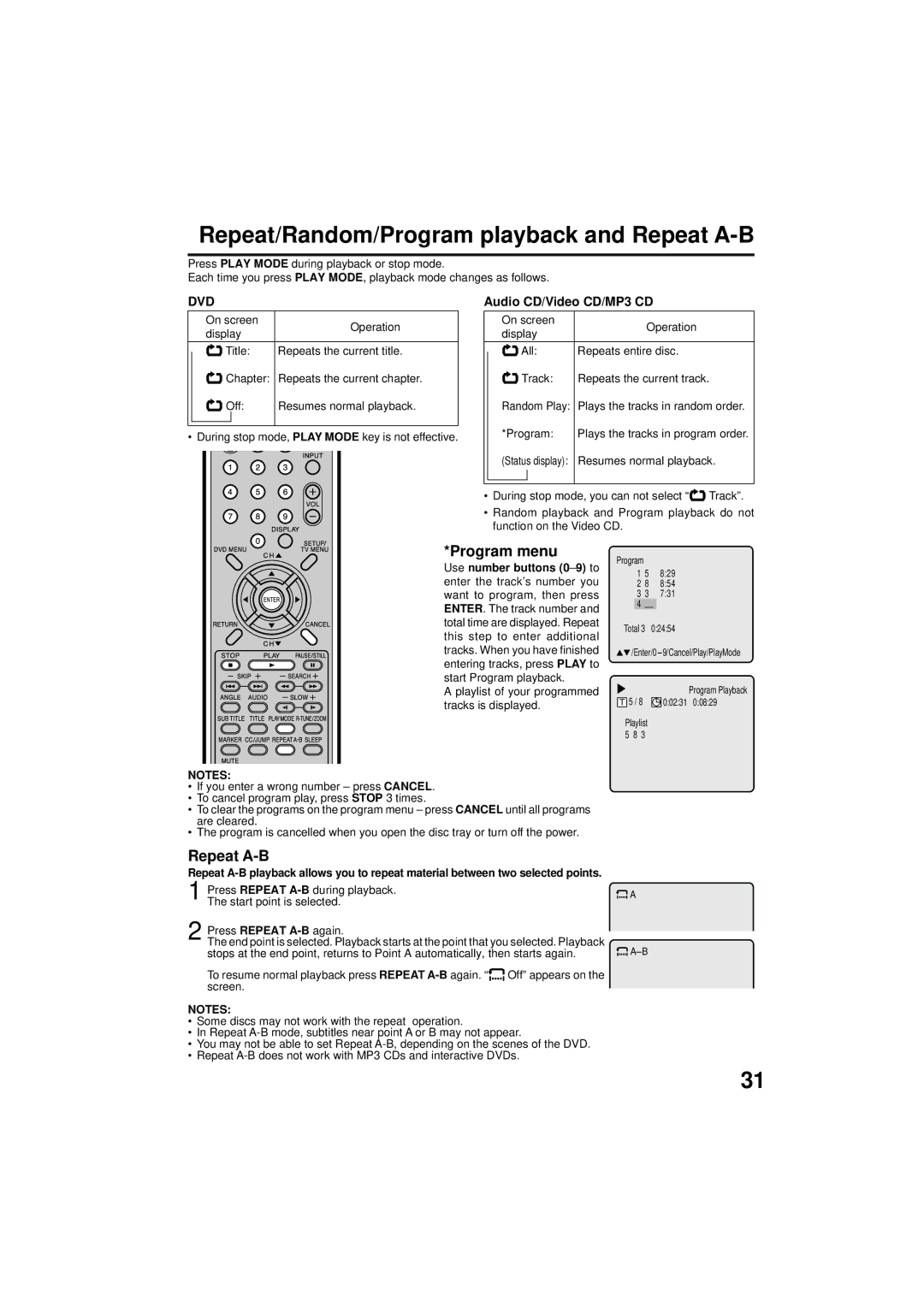 Panasonic PV 9D53 manual Repeat/Random/Program playback and Repeat A-B, Program menu, Audio CD/Video CD/MP3 CD 