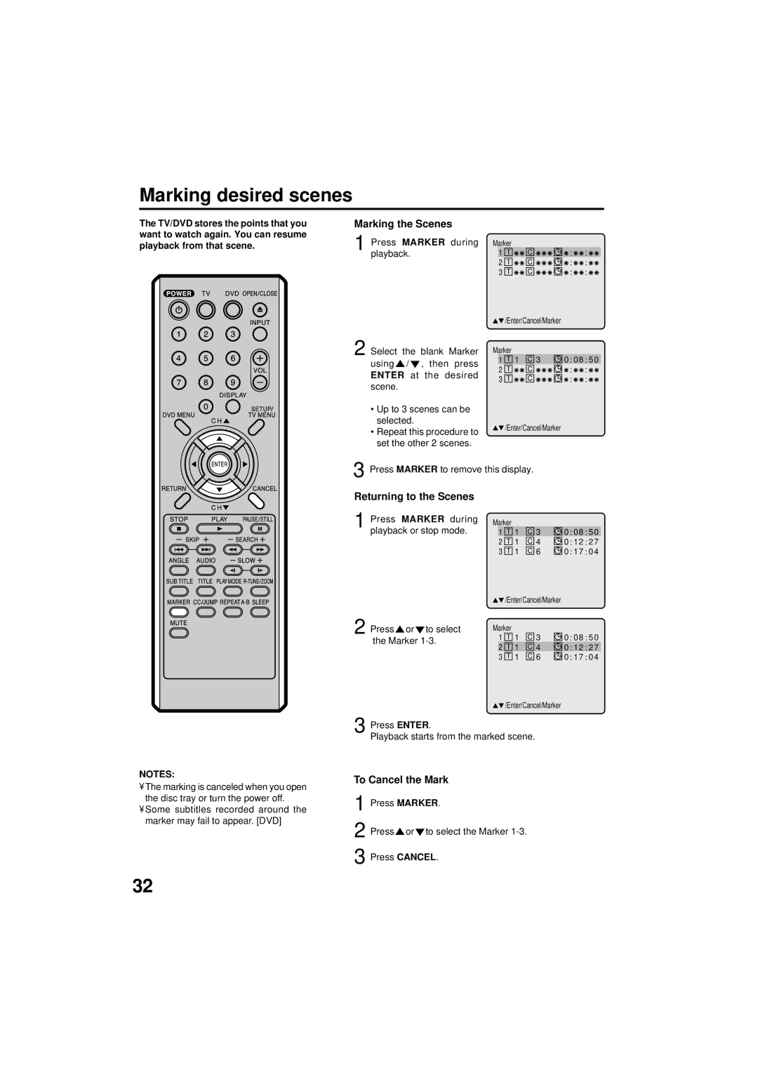 Panasonic PV 9D53 manual Marking desired scenes, Marking the Scenes, Returning to the Scenes, To Cancel the Mark 