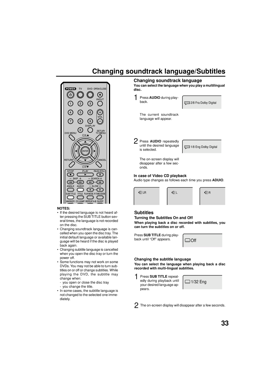 Panasonic PV 9D53 manual Changing soundtrack language/Subtitles 