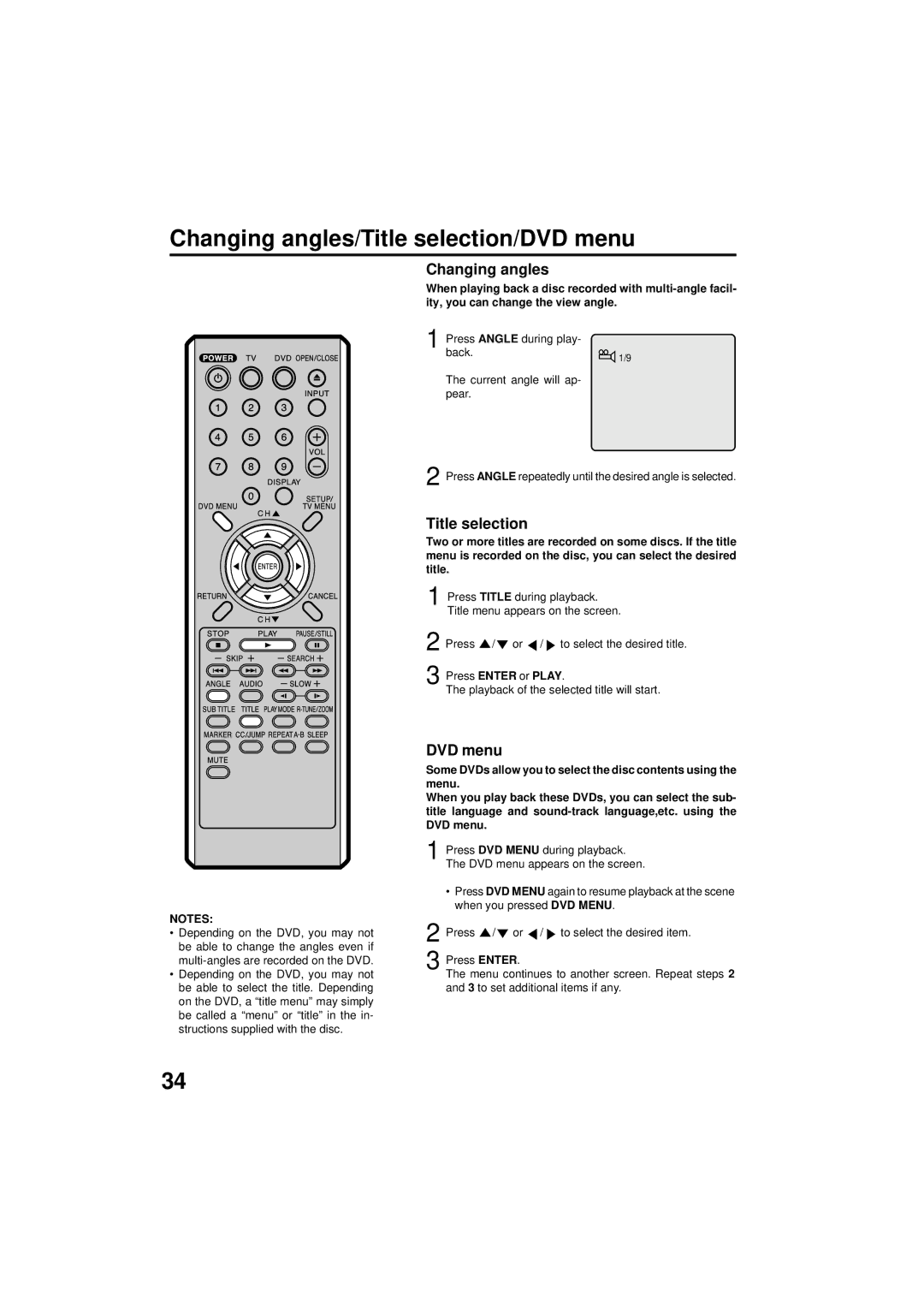 Panasonic PV 9D53 manual Changing angles/Title selection/DVD menu 