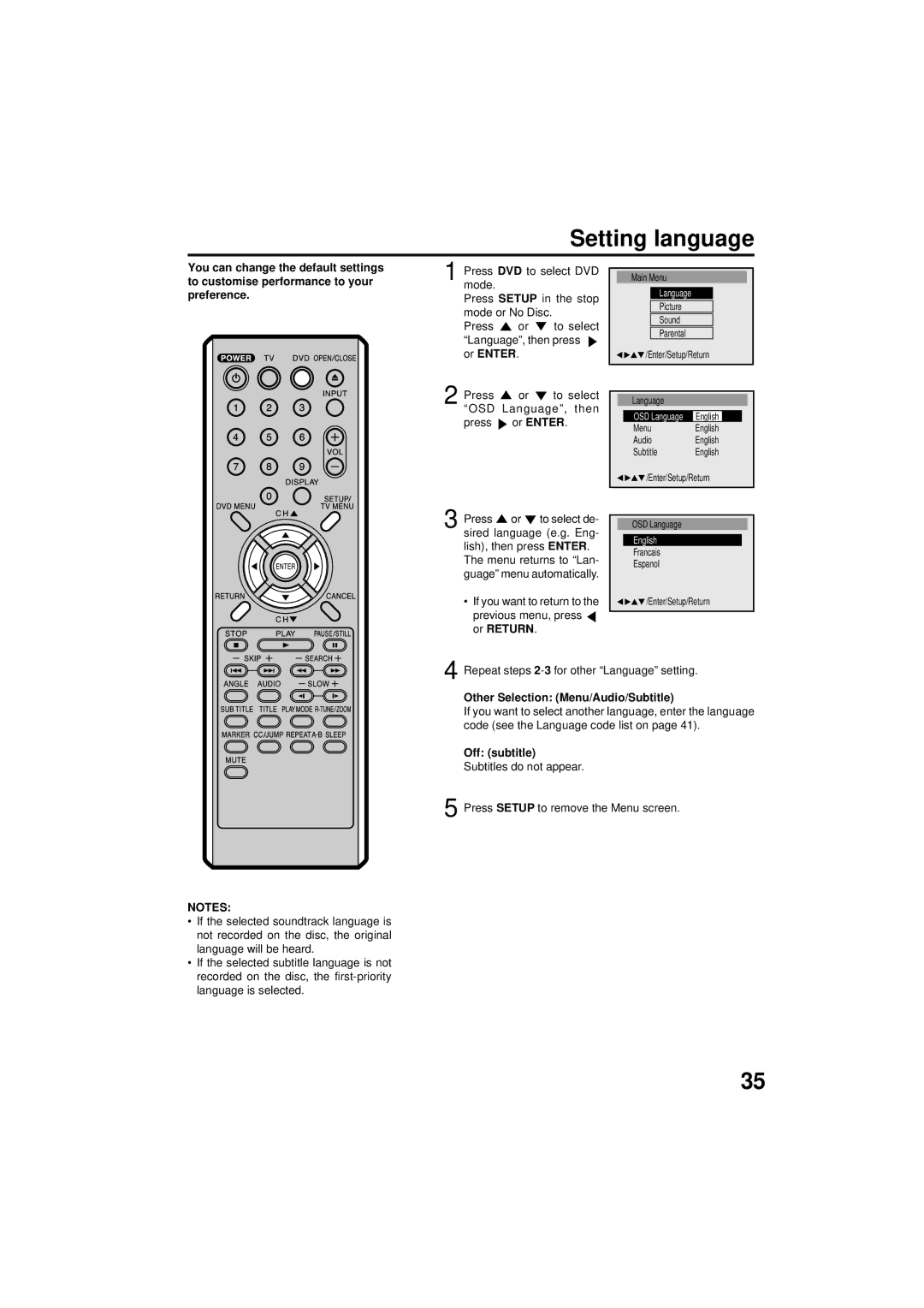 Panasonic PV 9D53 manual Setting language, If you want to return to, Previous menu, press or Return, Off subtitle 