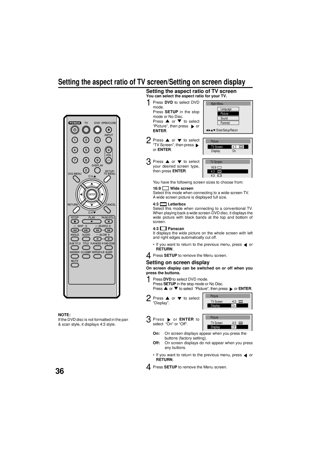 Panasonic PV 9D53 manual Setting the aspect ratio of TV screen, Setting on screen display, Return 