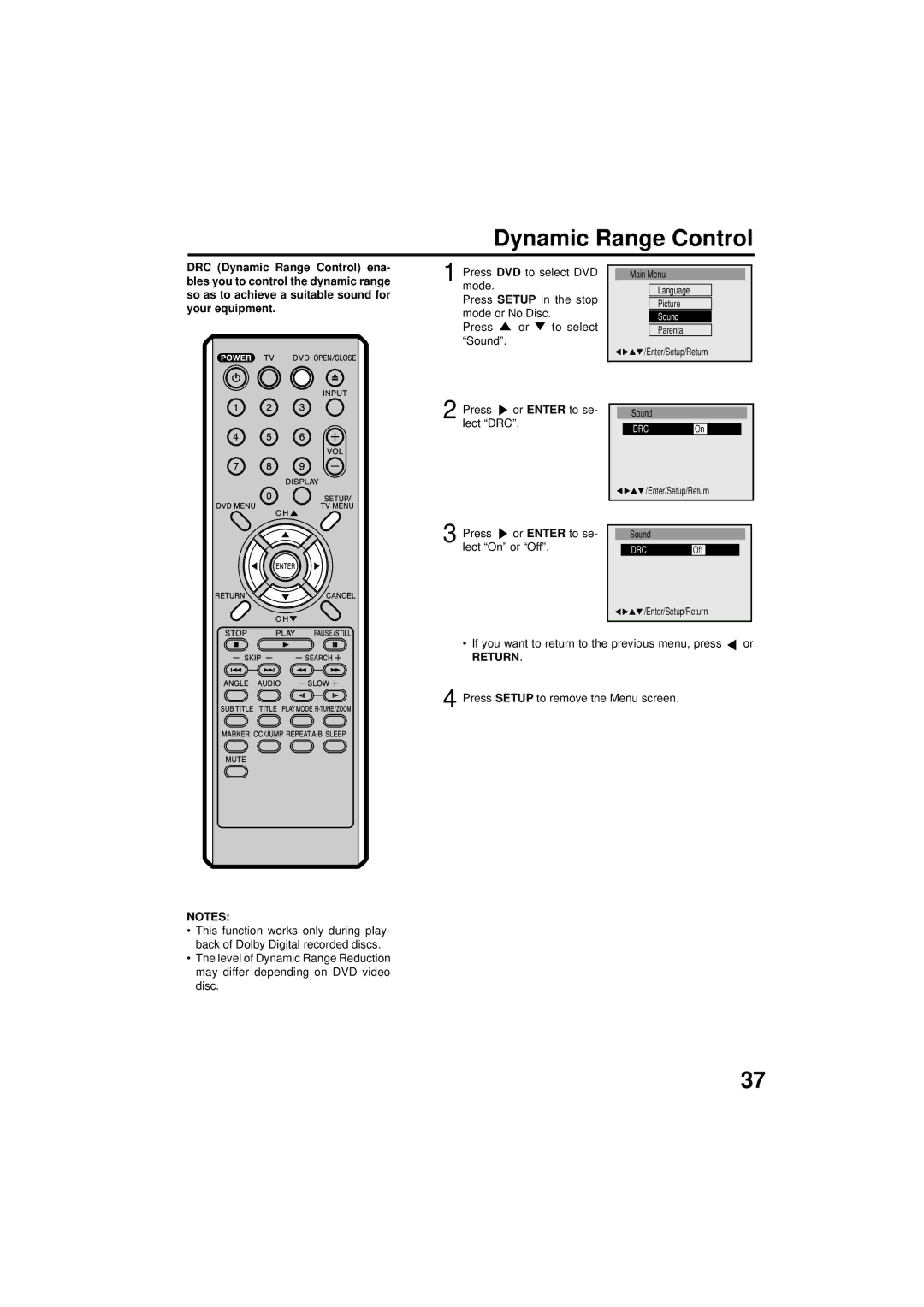 Panasonic PV 9D53 manual Dynamic Range Control, Press or Enter to se- lect DRC, Press or Enter to se- lect On or Off 