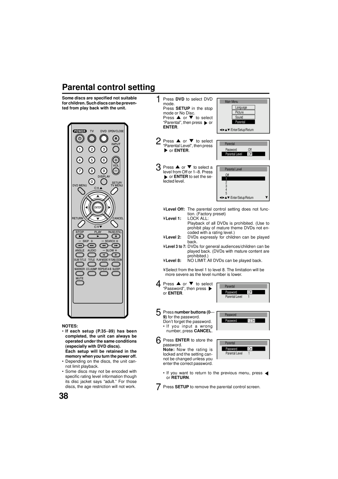 Panasonic PV 9D53 manual Parental control setting, Level 1 Lock ALL, Press number buttons 