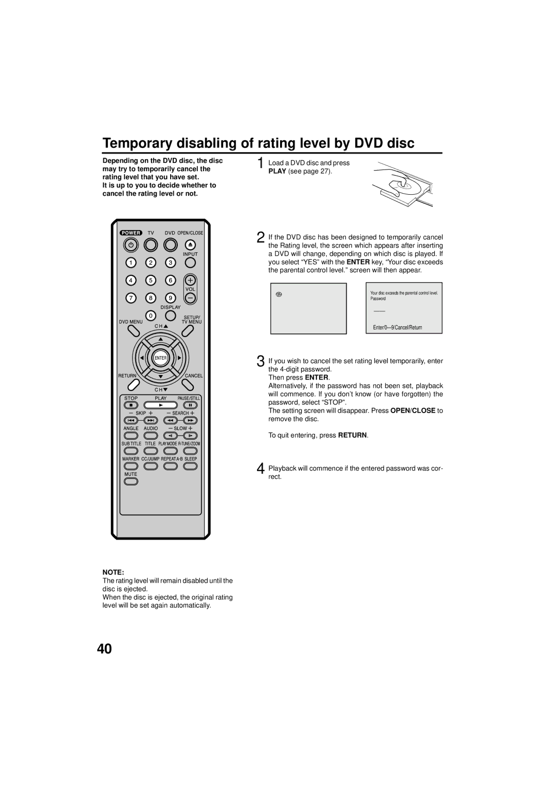 Panasonic PV 9D53 manual Temporary disabling of rating level by DVD disc 