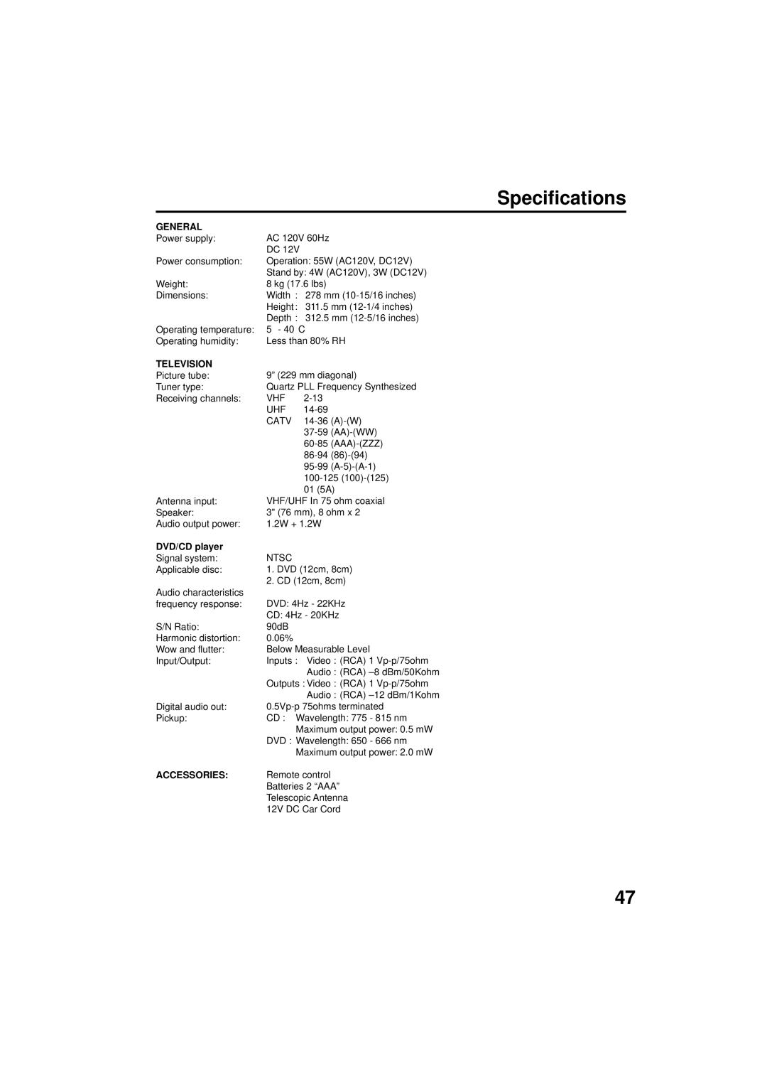 Panasonic PV 9D53 manual Specifications, General, Television, DVD/CD player 