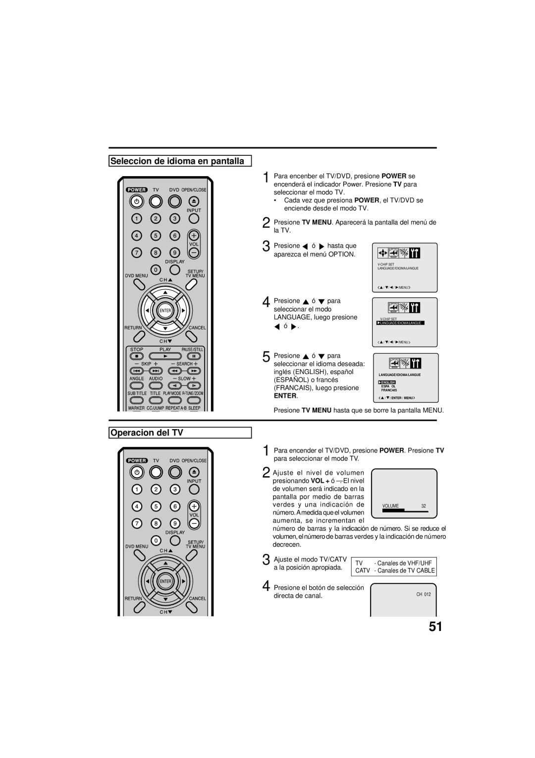 Panasonic PV 9D53 manual Seleccion de idioma en pantalla, Operacion del TV 