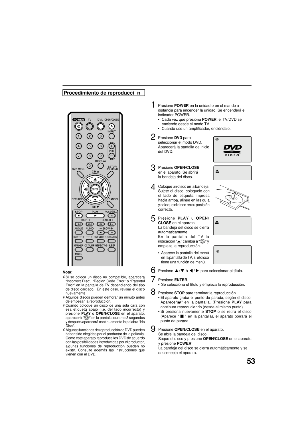 Panasonic PV 9D53 manual Procedimiento de reproducció n, Nota, Presione OPEN/CLOSE, Play u, Open 