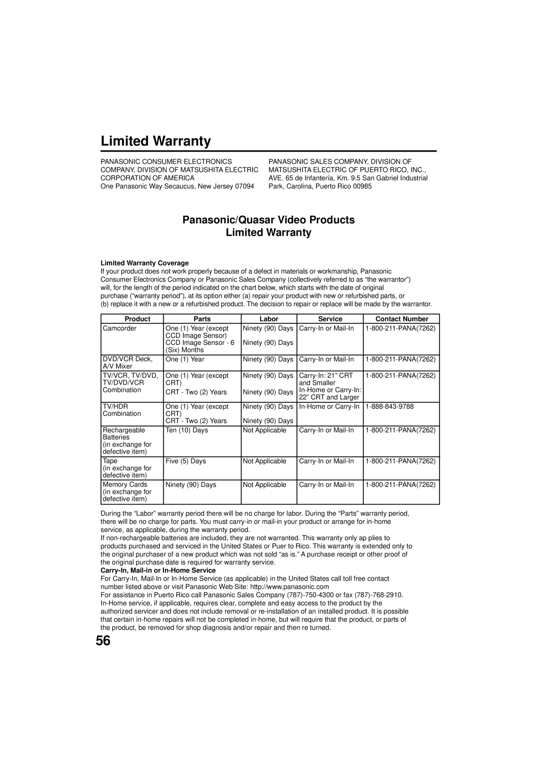 Panasonic PV 9D53 manual Limited Warranty Coverage, Product Parts Labor Service Contact Number 