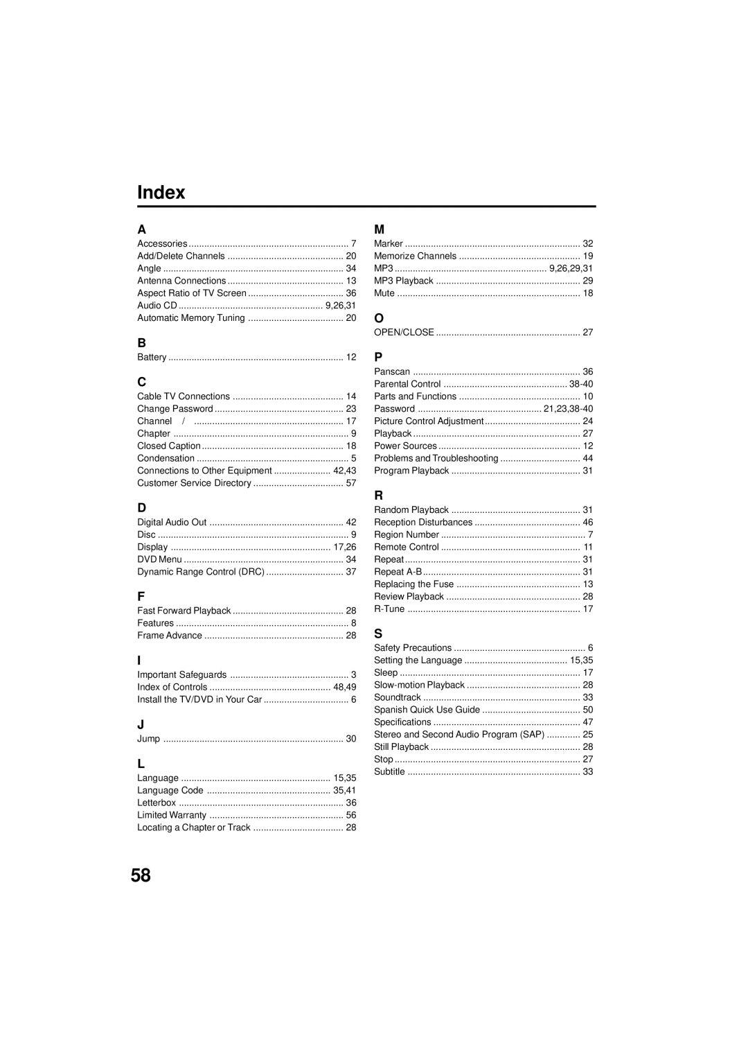 Panasonic PV 9D53 manual Index 