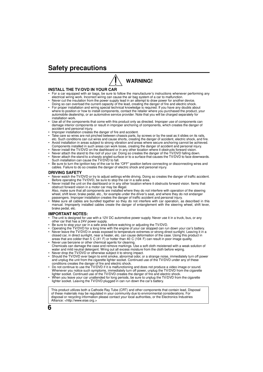 Panasonic PV 9D53 manual Safety precautions, Install the TV/DVD in Your CAR, Driving Safety, Important Notes 