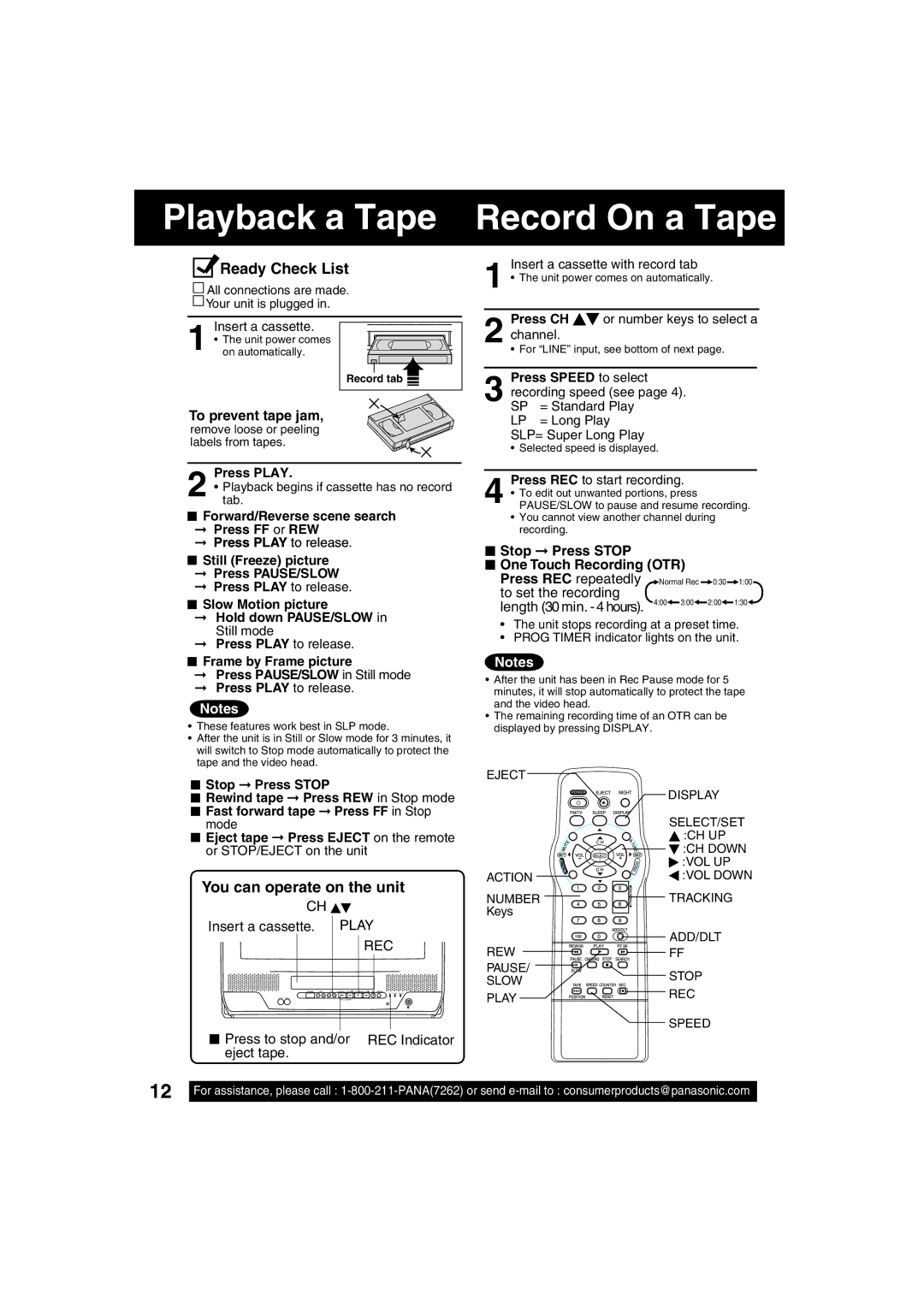 Panasonic PV C2033W Playback a Tape Record On a Tape, Ready Check List, You can operate on the unit, To prevent tape jam 