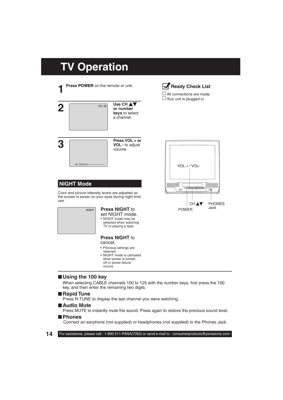 Panasonic PV C2033W, PV C2023 operating instructions TV Operation, Night Mode, Night Press Night to set Night mode 