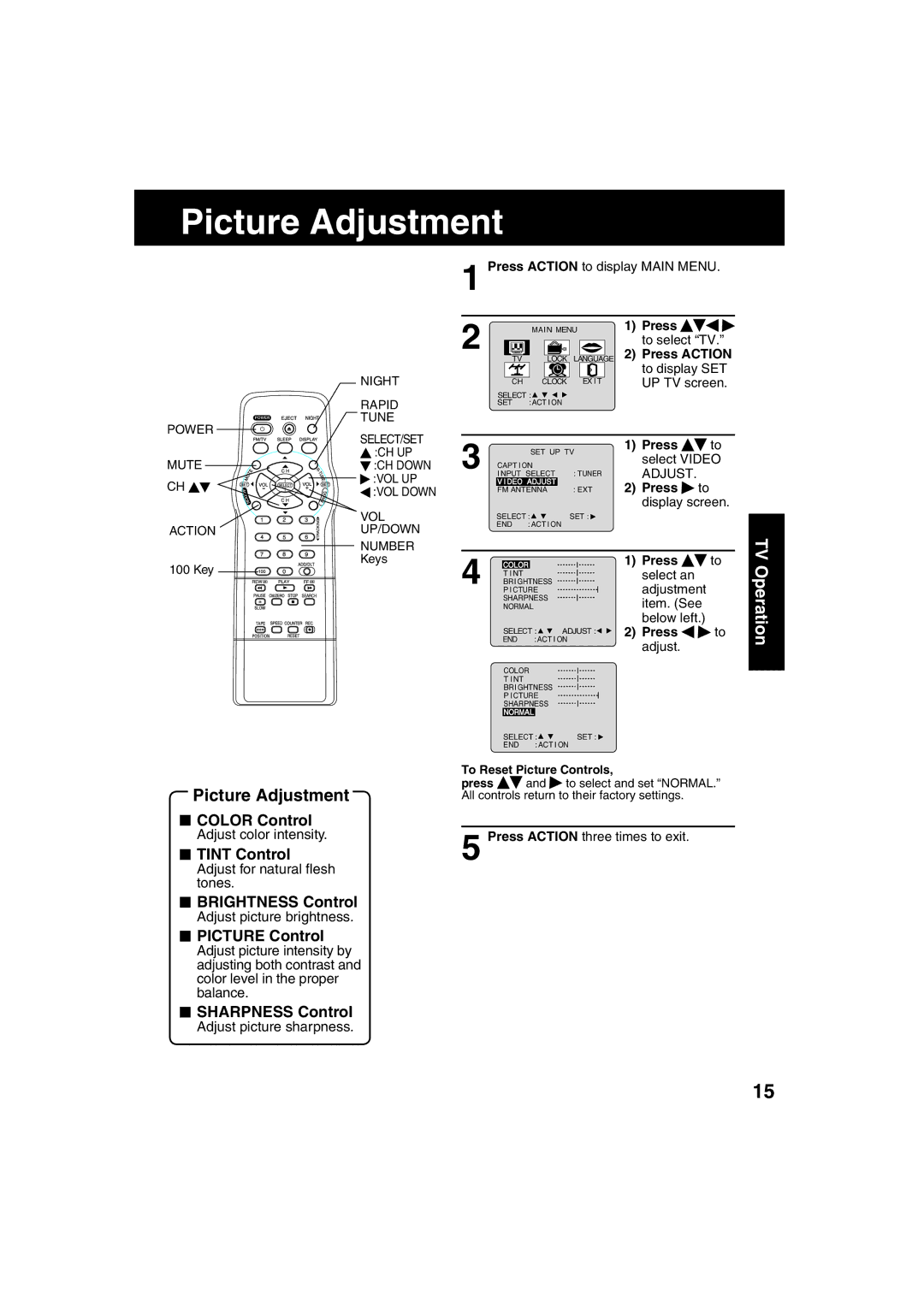 Panasonic PV C2023, PV C2033W operating instructions Picture Adjustment, TV Operation 