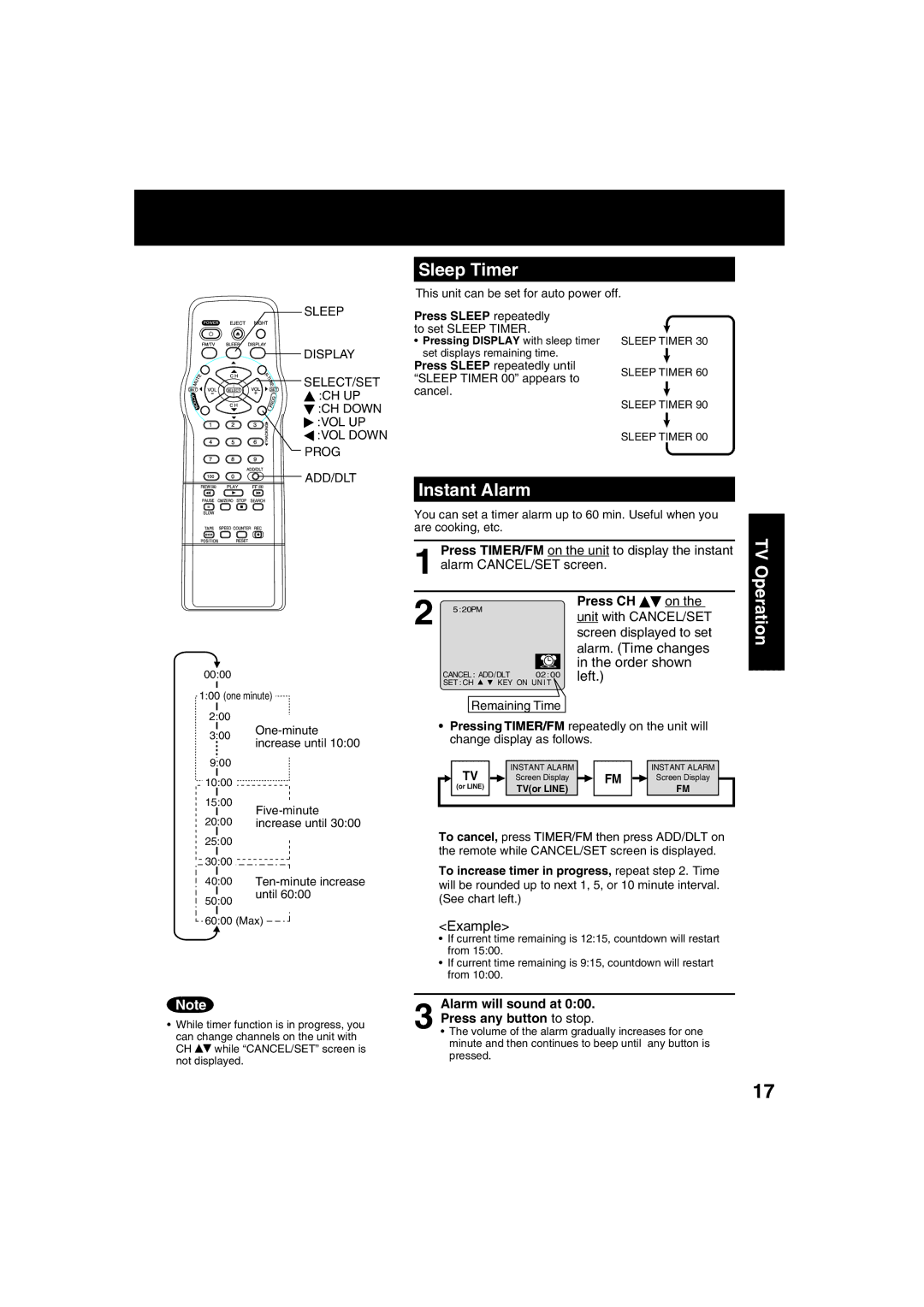 Panasonic PV C2023, PV C2033W operating instructions Sleep Timer, Instant Alarm 