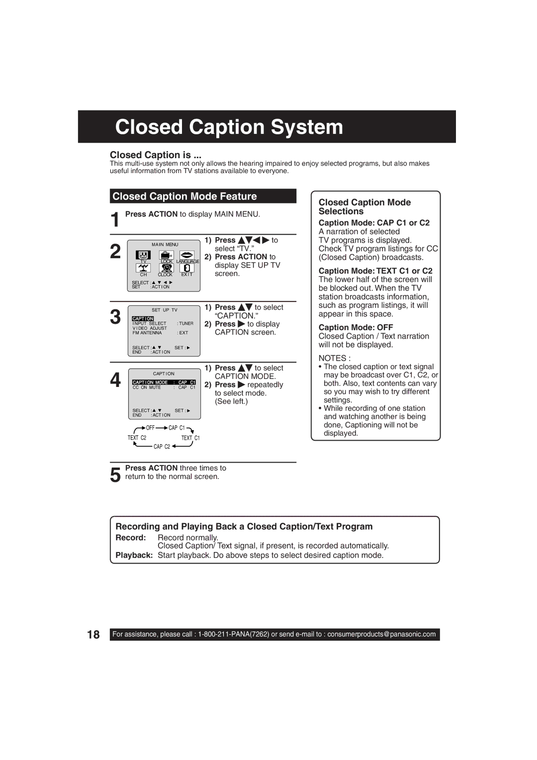 Panasonic PV C2033W, PV C2023 Closed Caption System, Closed Caption Mode Feature, Closed Caption Mode Selections 