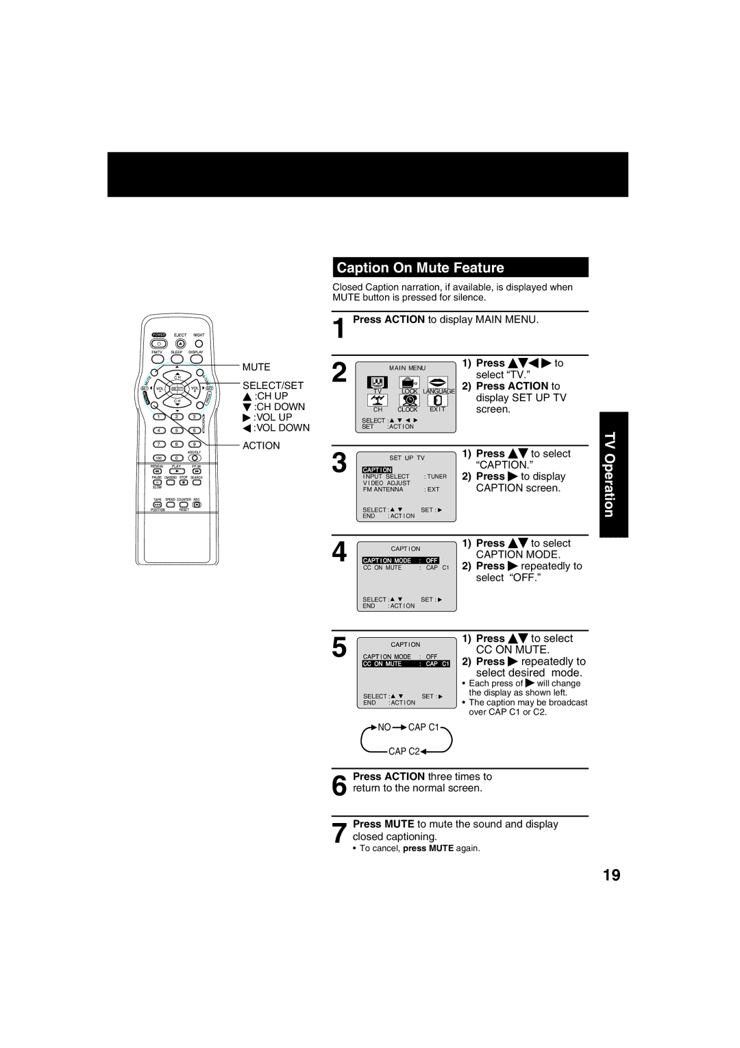 Panasonic PV C2023, PV C2033W operating instructions Caption On Mute Feature, Operation, Repeatedly to, Select desired mode 