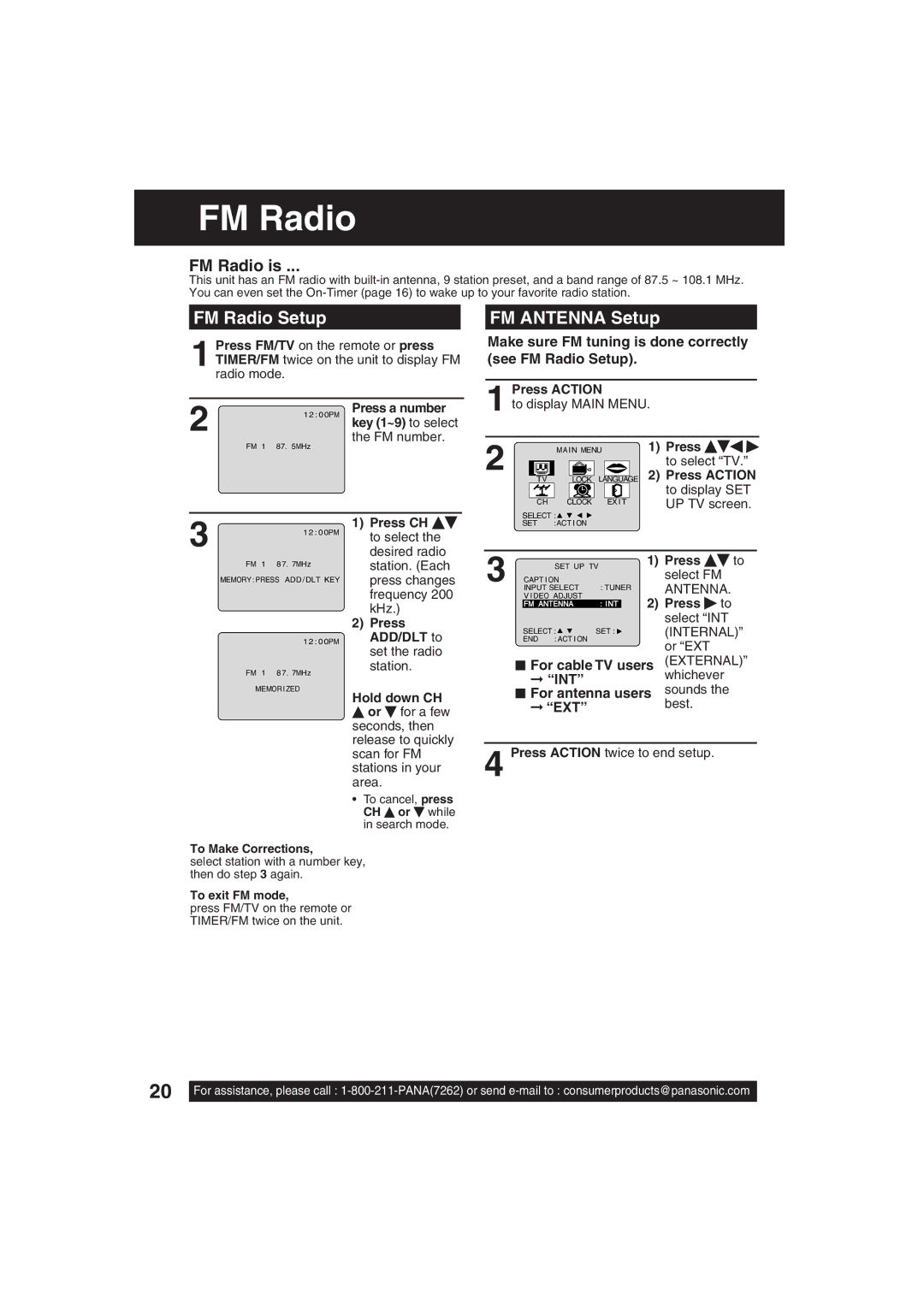 Panasonic PV C2033W, PV C2023 operating instructions FM Radio Setup, FM Antenna Setup 