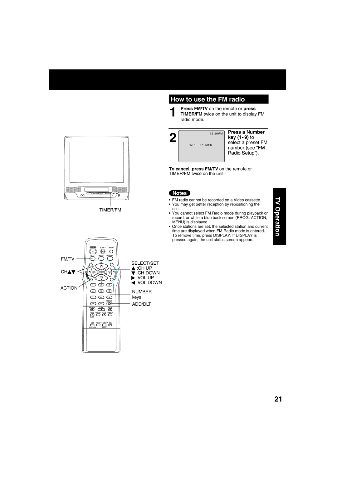 Panasonic PV C2023, PV C2033W How to use the FM radio, Press FM/TV on the remote or press, Press a Number, Key 1~9 to 