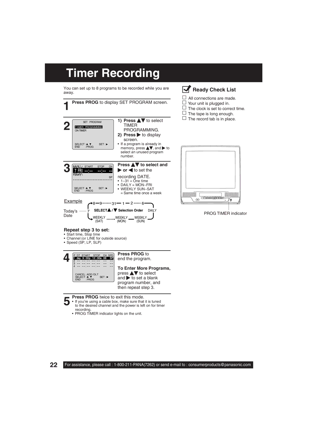 Panasonic PV C2033W, PV C2023 operating instructions Timer Recording, Repeat to set, Programming, Press To select 