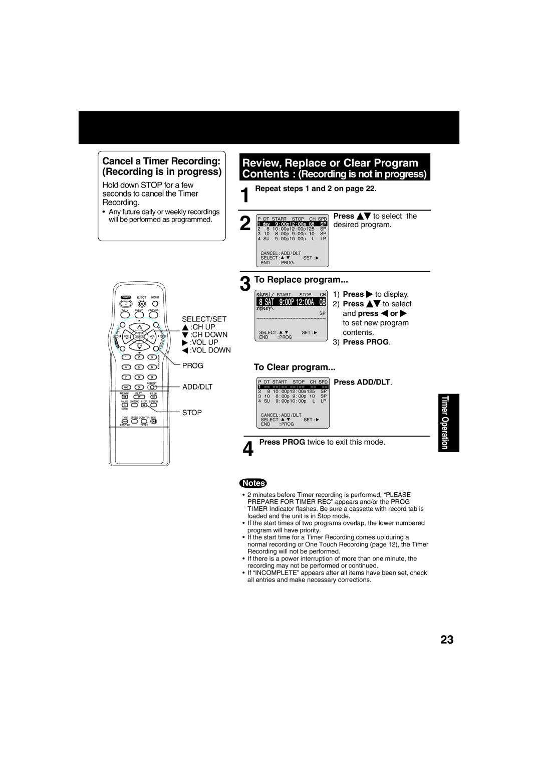 Panasonic PV C2023, PV C2033W Cancel a Timer Recording Recording is in progress, To Replace program, To Clear program 