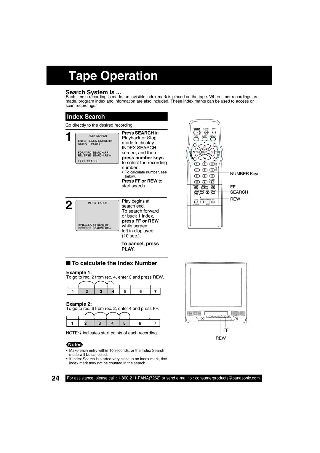 Panasonic PV C2033W, PV C2023 operating instructions Tape Operation, Index Search, To cancel, press Play, Example 