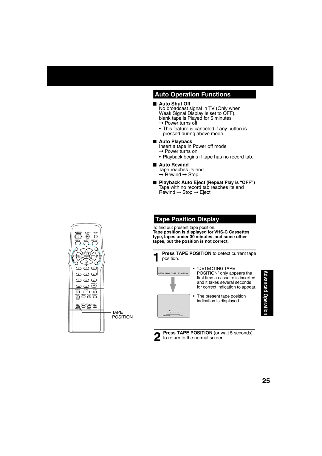 Panasonic PV C2023, PV C2033W Auto Operation Functions, Tape Position Display, Auto Shut Off, Auto Playback, Auto Rewind 