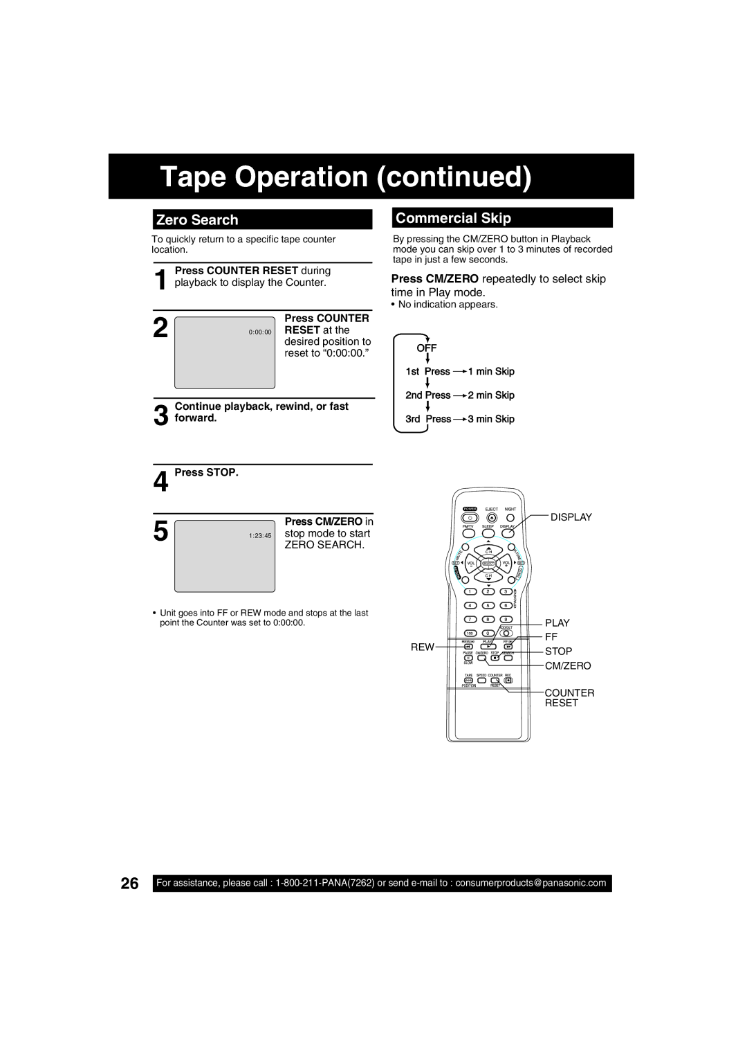 Panasonic PV C2033W, PV C2023 Zero Search, Commercial Skip, Press CM/ZERO repeatedly to select skip time in Play mode 