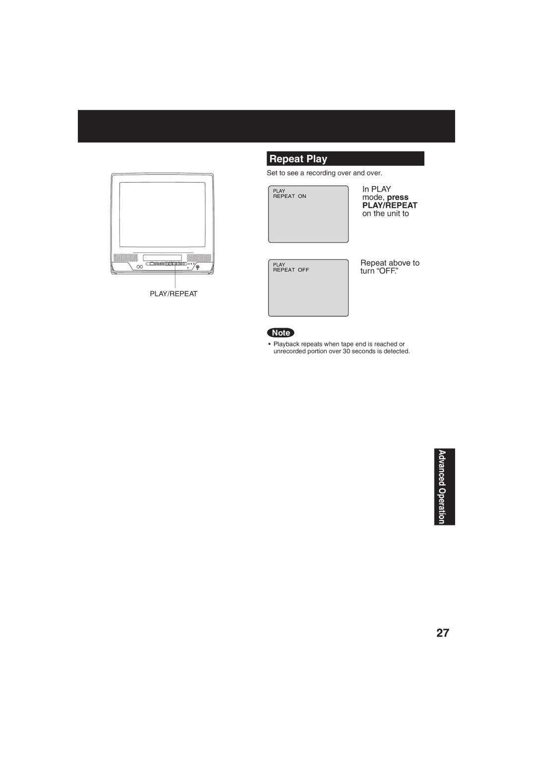 Panasonic PV C2023 Repeat Play, Play mode, press, PLAY/REPEAT on the unit to, Repeat above to turn OFF, Play/Repeat 