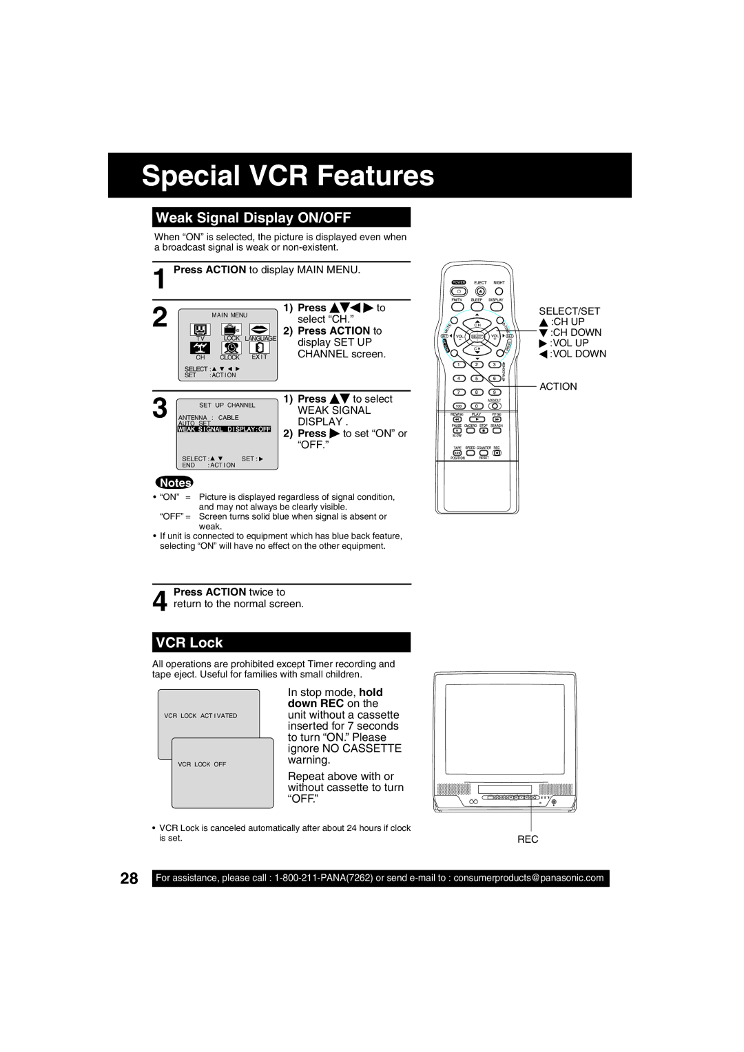 Panasonic PV C2033W Special VCR Features, Weak Signal Display ON/OFF, VCR Lock, Press To set on or, Press Action twice to 