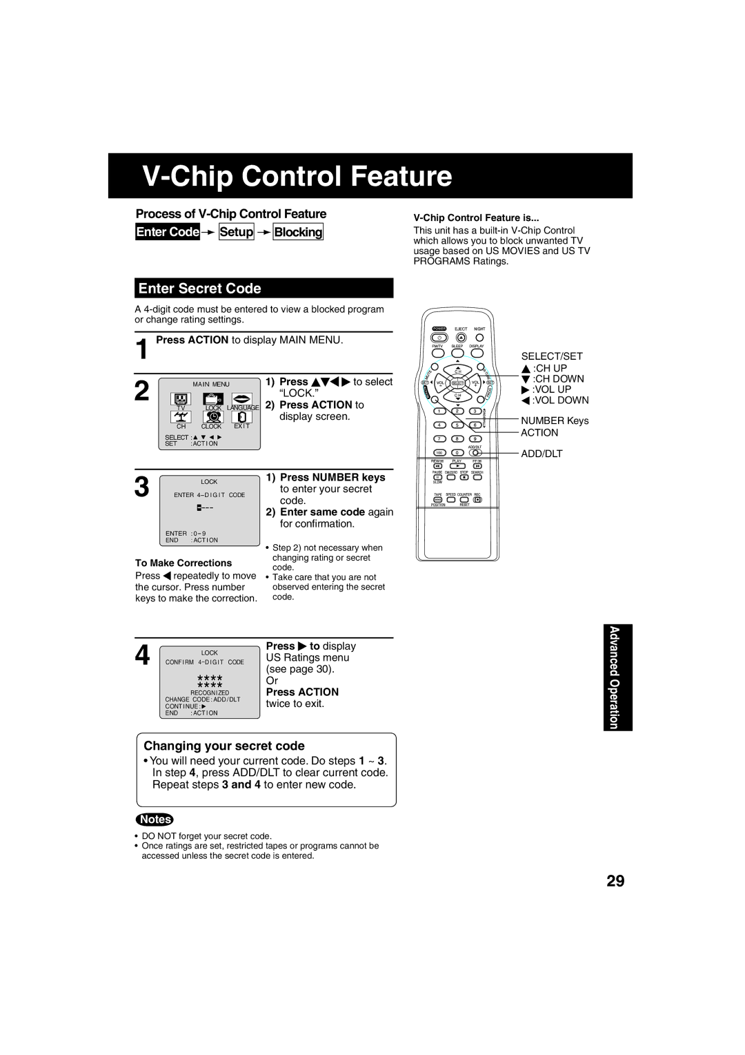 Panasonic PV C2023 Enter Secret Code, Process of V-Chip Control Feature, Changing your secret code, Setup Blocking 