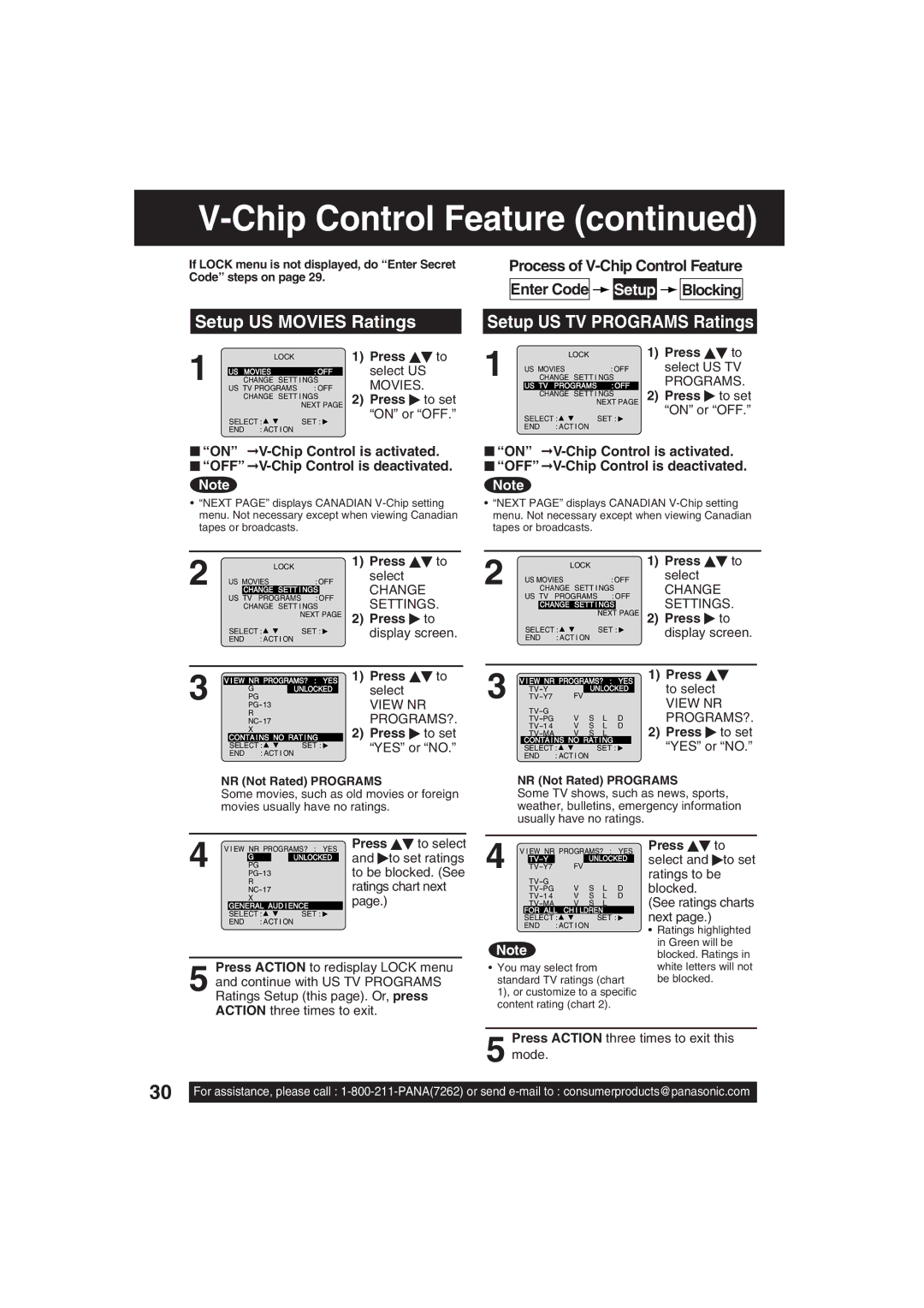 Panasonic PV C2033W, PV C2023 operating instructions Setup US Movies Ratings, Setup US TV Programs Ratings 