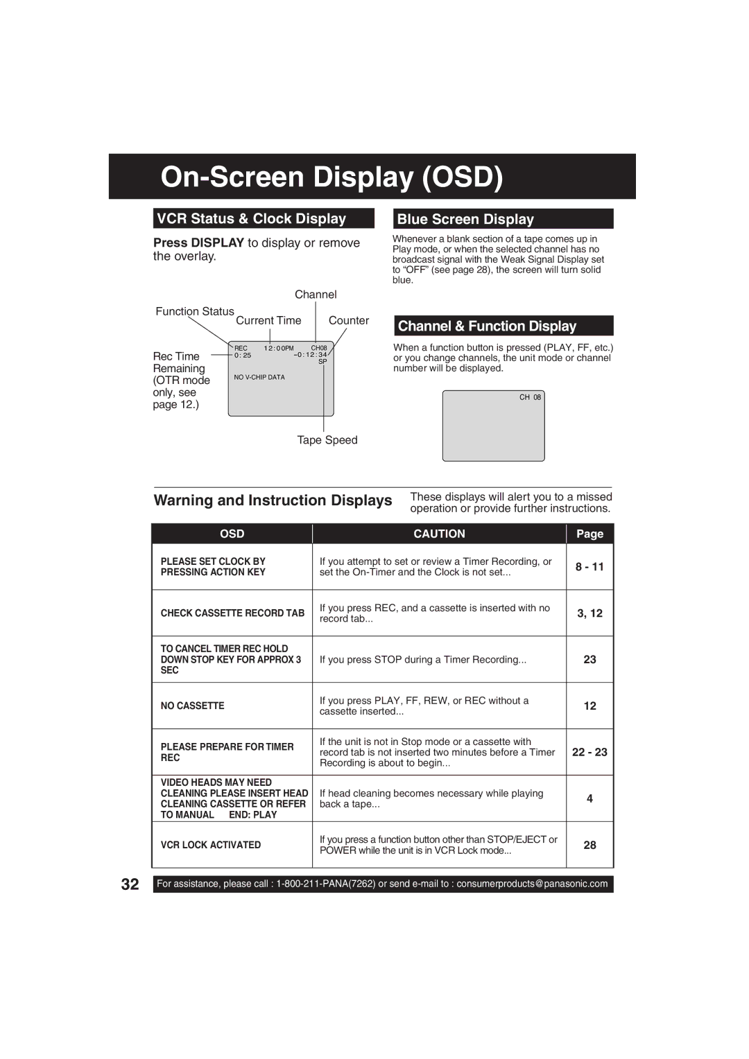 Panasonic PV C2033W On-Screen Display OSD, VCR Status & Clock Display, Blue Screen Display, Channel & Function Display 