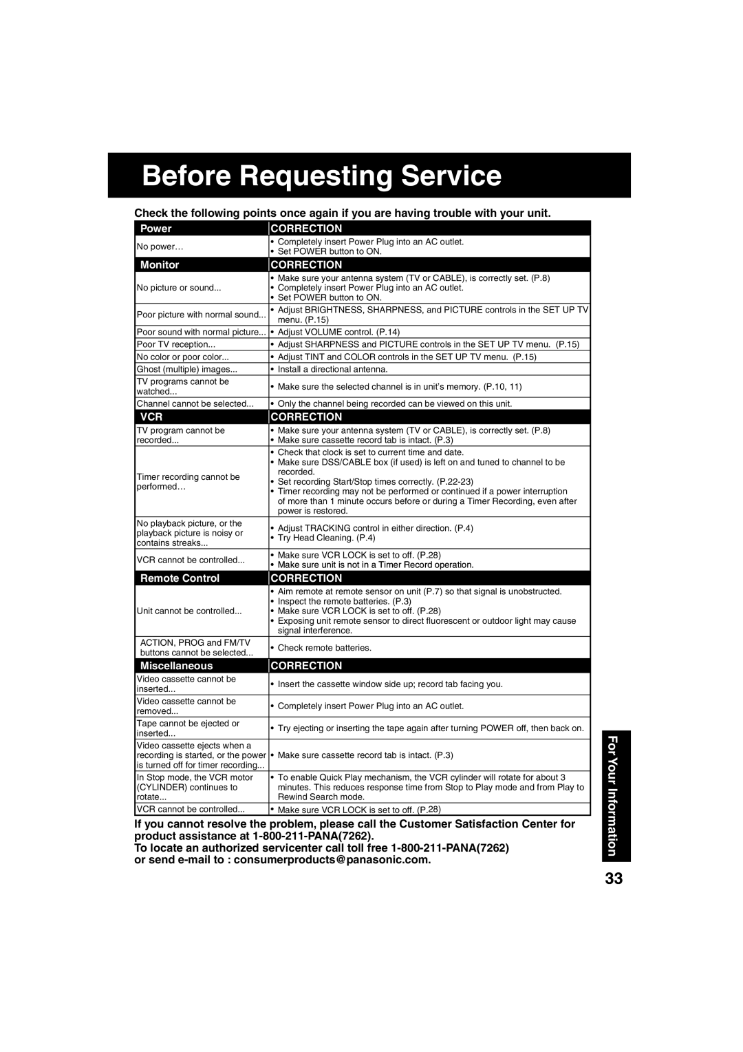 Panasonic PV C2023, PV C2033W operating instructions Before Requesting Service, VCR Correction 