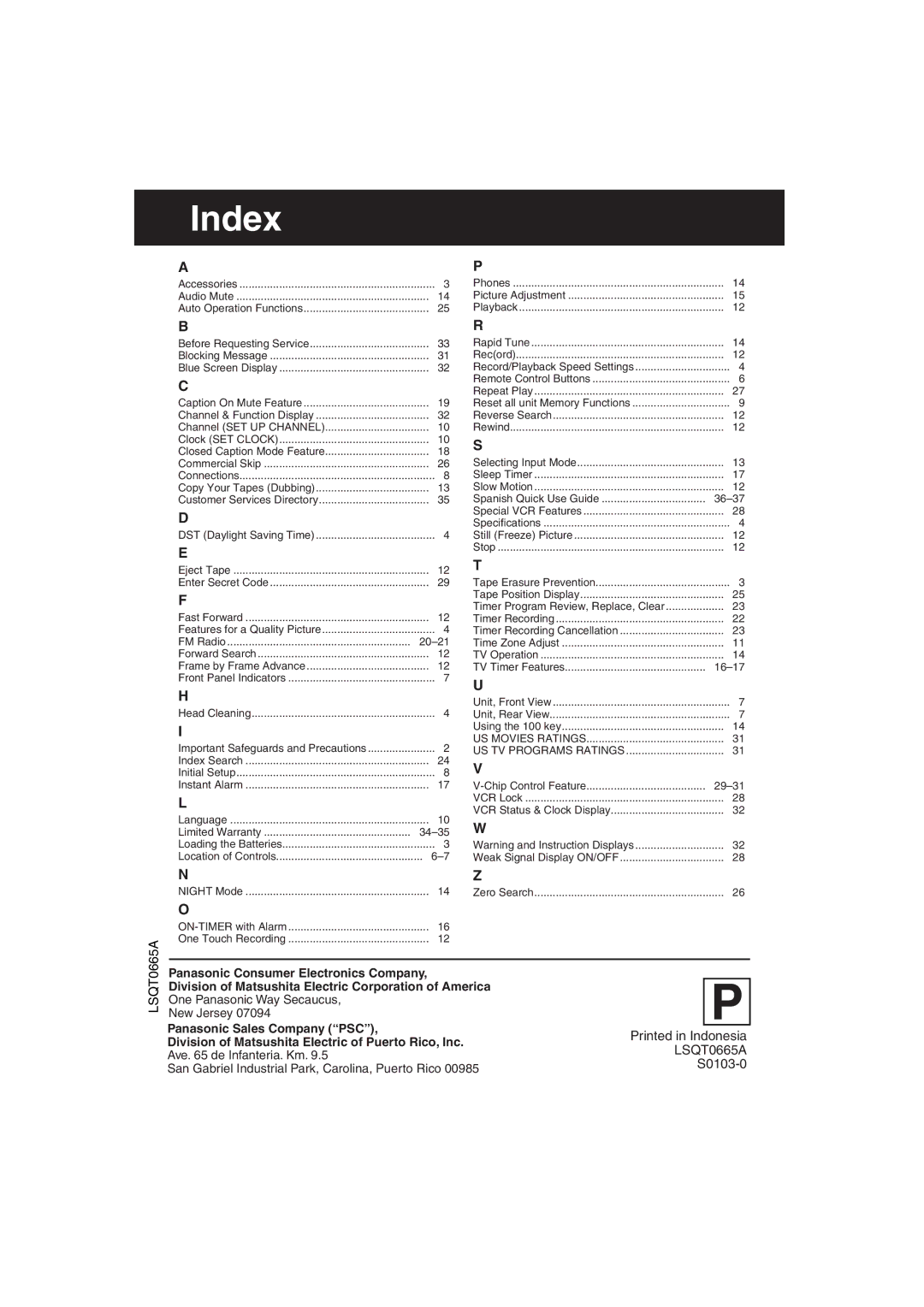 Panasonic PV C2033W Index, One Panasonic Way Secaucus New Jersey, San Gabriel Industrial Park, Carolina, Puerto Rico 