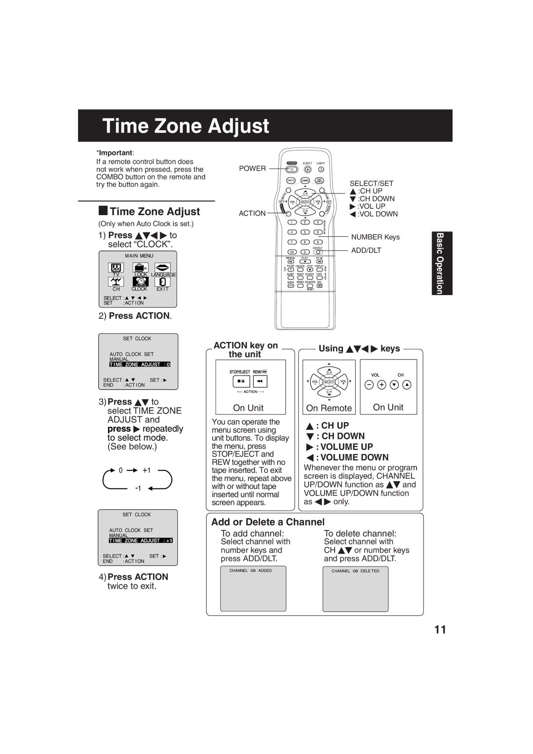 Panasonic PV C2063 operating instructions Time Zone Adjust 