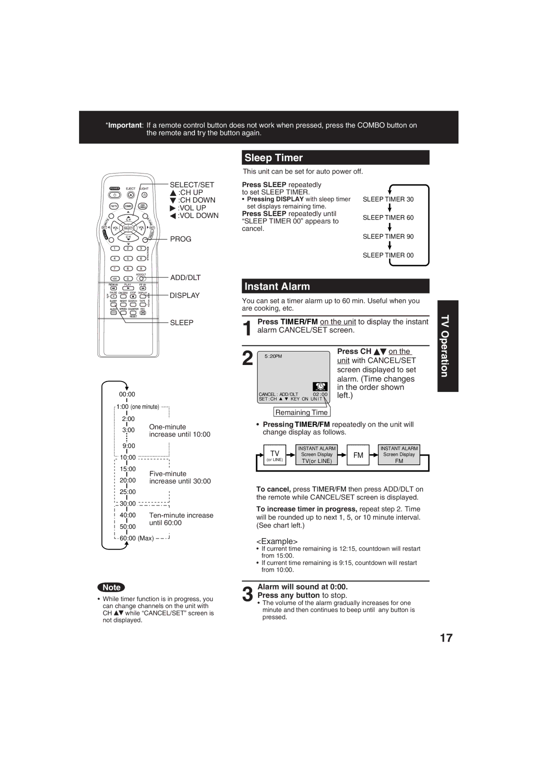 Panasonic PV C2063 operating instructions Sleep Timer, Instant Alarm, Alarm. Time changes Order shown, Left, Example 