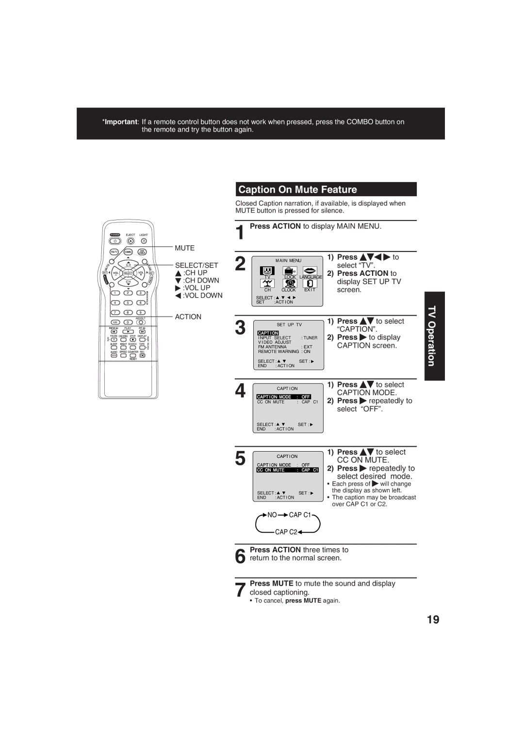 Panasonic PV C2063 Caption On Mute Feature, TV Operation, Press to select, Press repeatedly to Select desired mode 