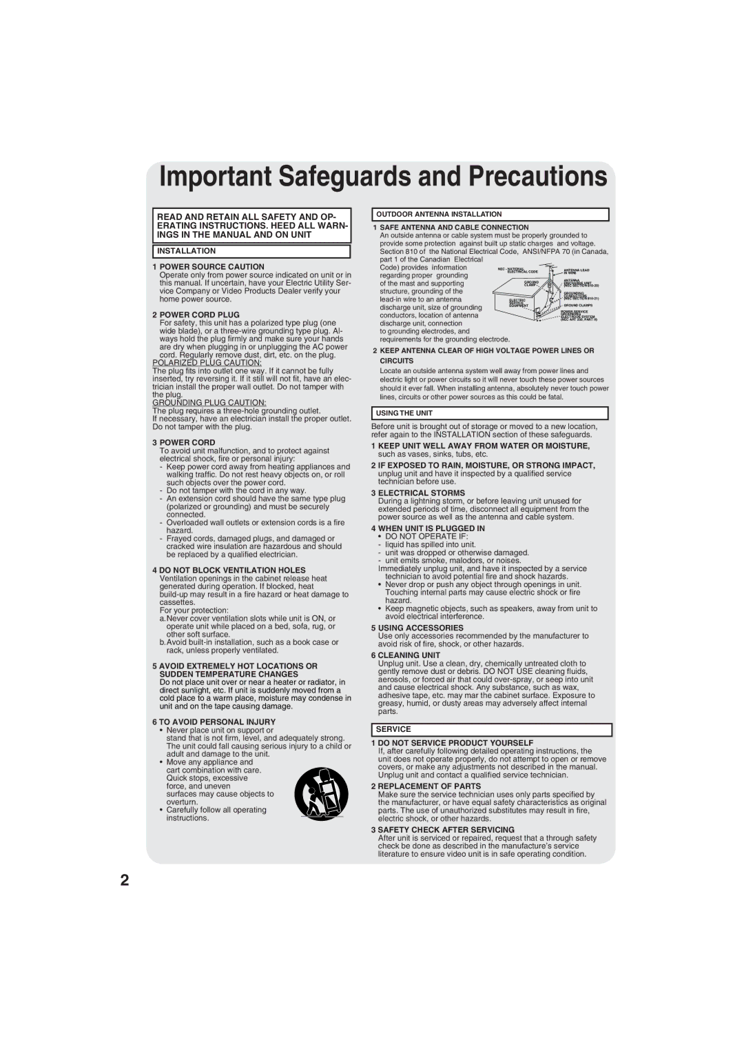 Panasonic PV C2063 operating instructions Important Safeguards and Precautions 