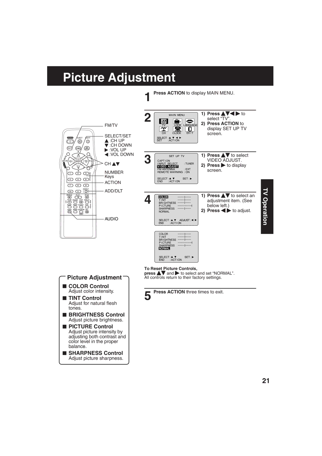 Panasonic PV C2063 operating instructions Picture Adjustment, Operation 