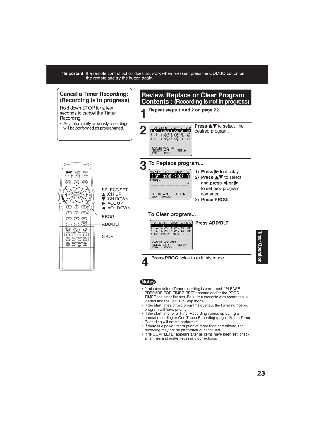 Panasonic PV C2063 Cancel a Timer Recording Recording is in progress, To Replace program, To Clear program 