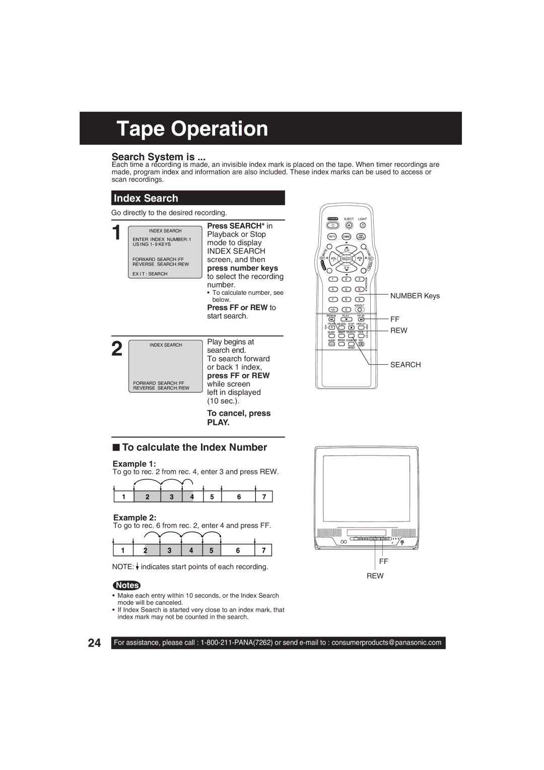 Panasonic PV C2063 operating instructions Tape Operation, Index Search, To cancel, press Play, Example 