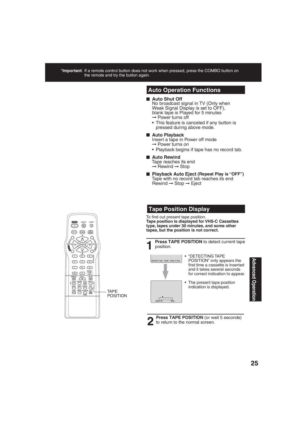 Panasonic PV C2063 Auto Operation Functions, Tape Position Display, Auto Shut Off, Auto Playback, Auto Rewind 