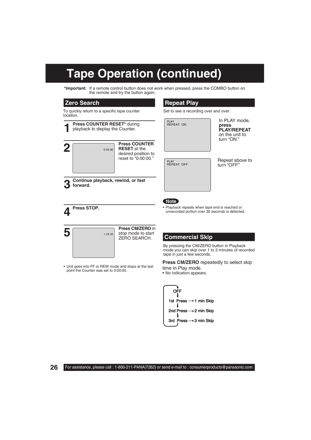 Panasonic PV C2063 operating instructions Zero Search, Repeat Play, Commercial Skip, Press 