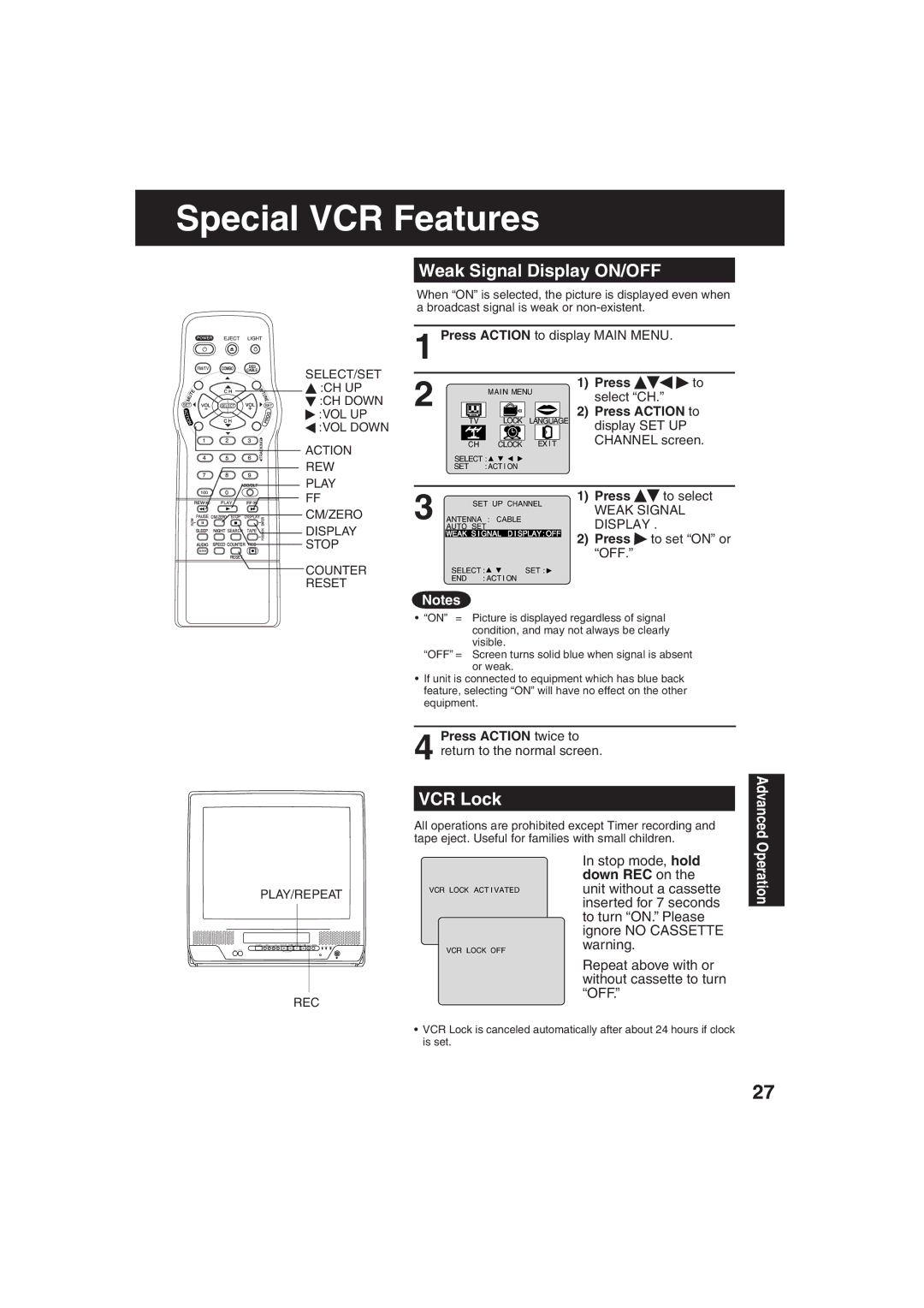 Panasonic PV C2063 operating instructions Special VCR Features, Weak Signal Display ON/OFF, VCR Lock, Press Action twice to 