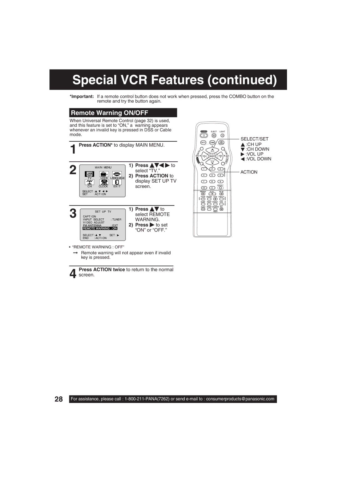 Panasonic PV C2063 Press Select TV, Display SET UP TV screen, Press to select Remote Warning, Press to set on or OFF 