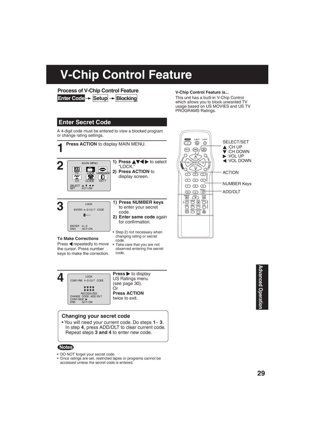 Panasonic PV C2063 Enter Secret Code, Process of V-Chip Control Feature Enter Code Setup Blocking 