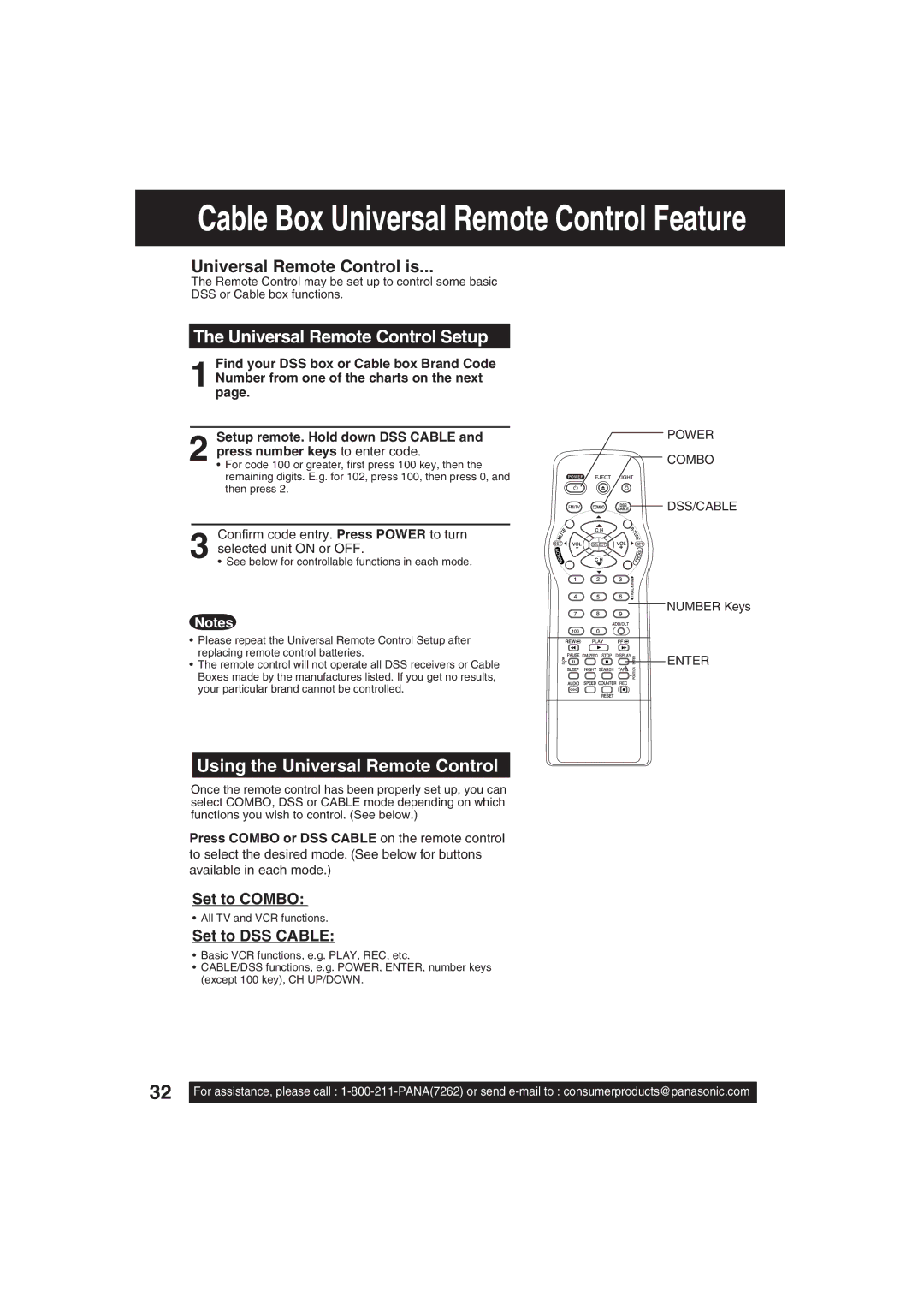 Panasonic PV C2063 Universal Remote Control Setup, Using the Universal Remote Control, Set to Combo, Set to DSS Cable 