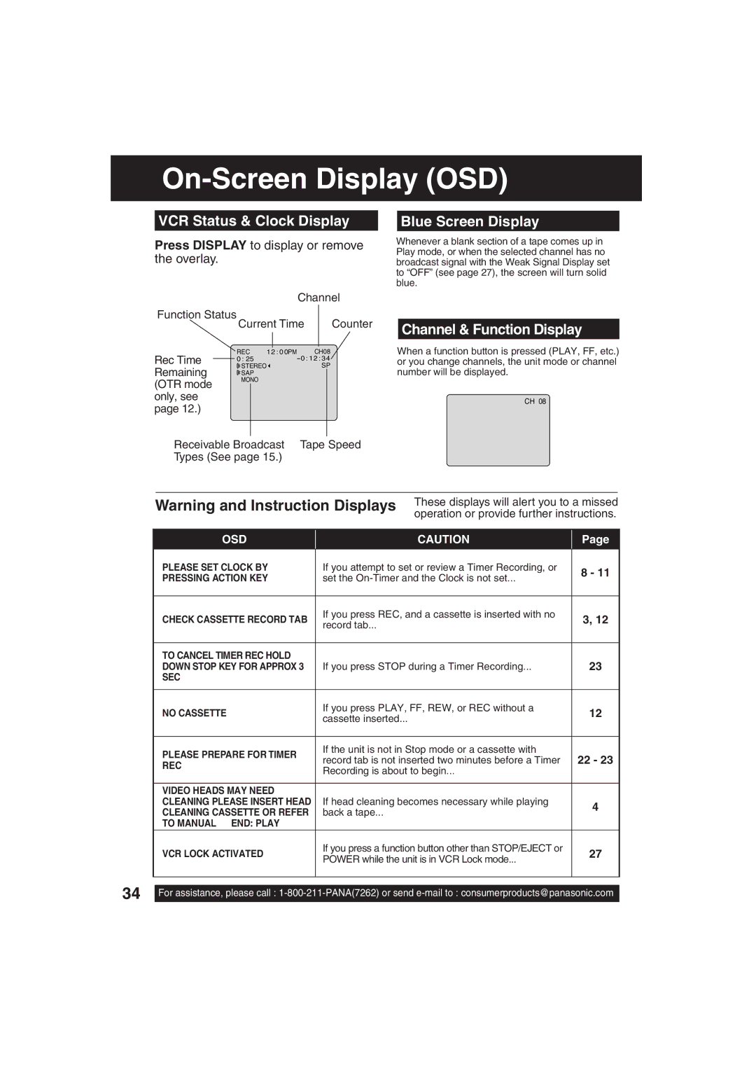 Panasonic PV C2063 On-Screen Display OSD, VCR Status & Clock Display, Blue Screen Display, Channel & Function Display 