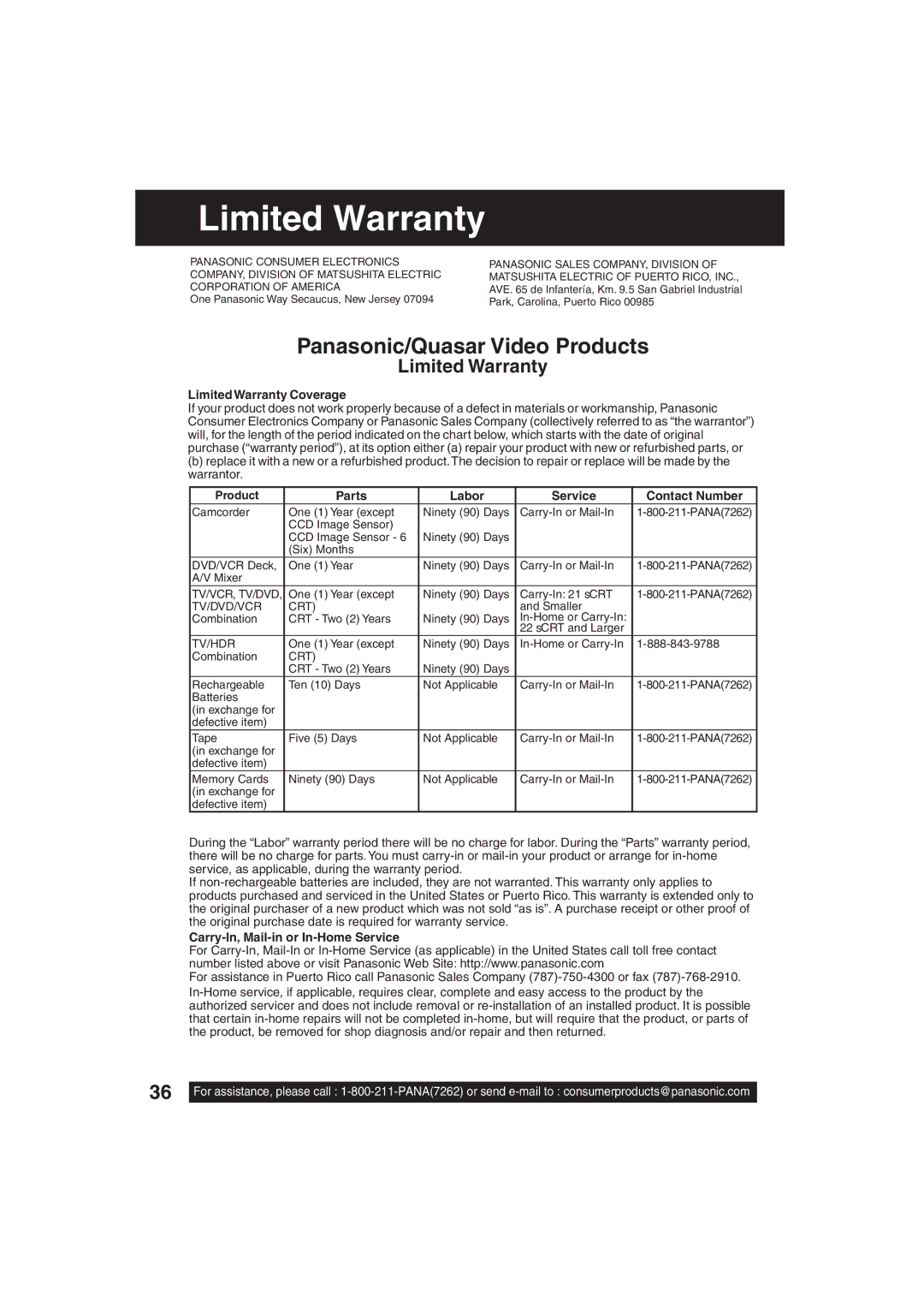 Panasonic PV C2063 Limited Warranty Coverage, Parts Labor Service Contact Number, Carry-In, Mail-in or In-Home Service 